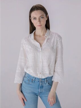 Solitaire Semi-Sheer Embroidered Button-Down Blouse